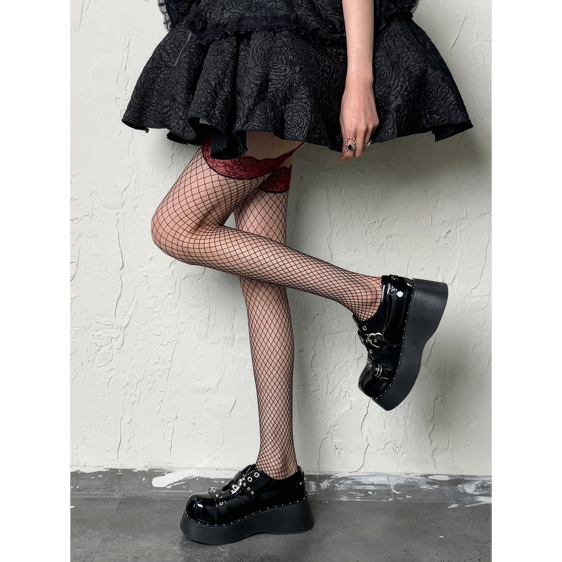 Red Lace Garter Fishnet Tights