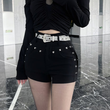 Rhinestone Grommet Belted Black Shorts