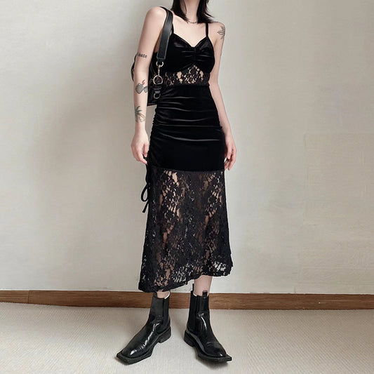 Velvet Lace Panel Midi Dress