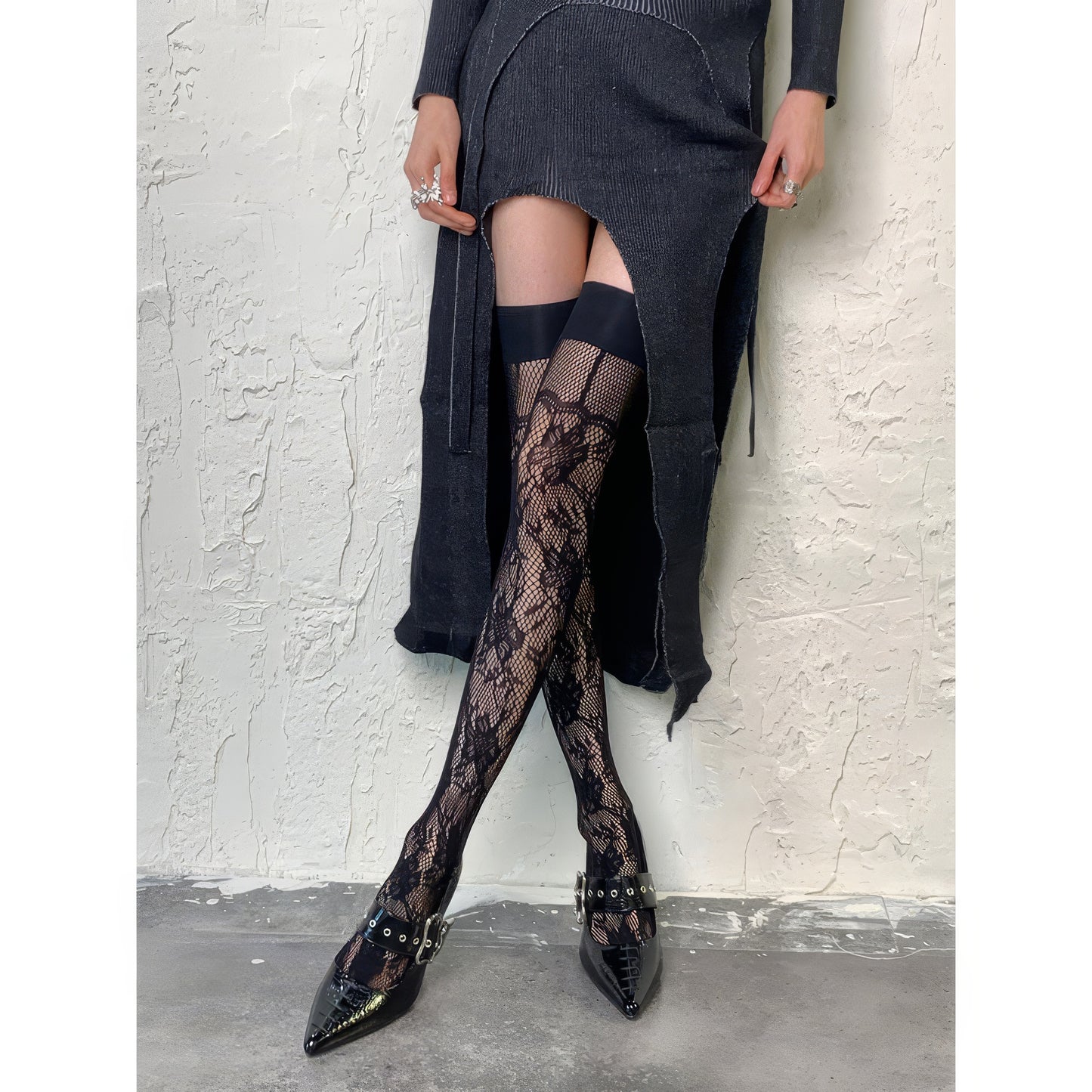 Floral Lace Mesh Hold-Up Stockings