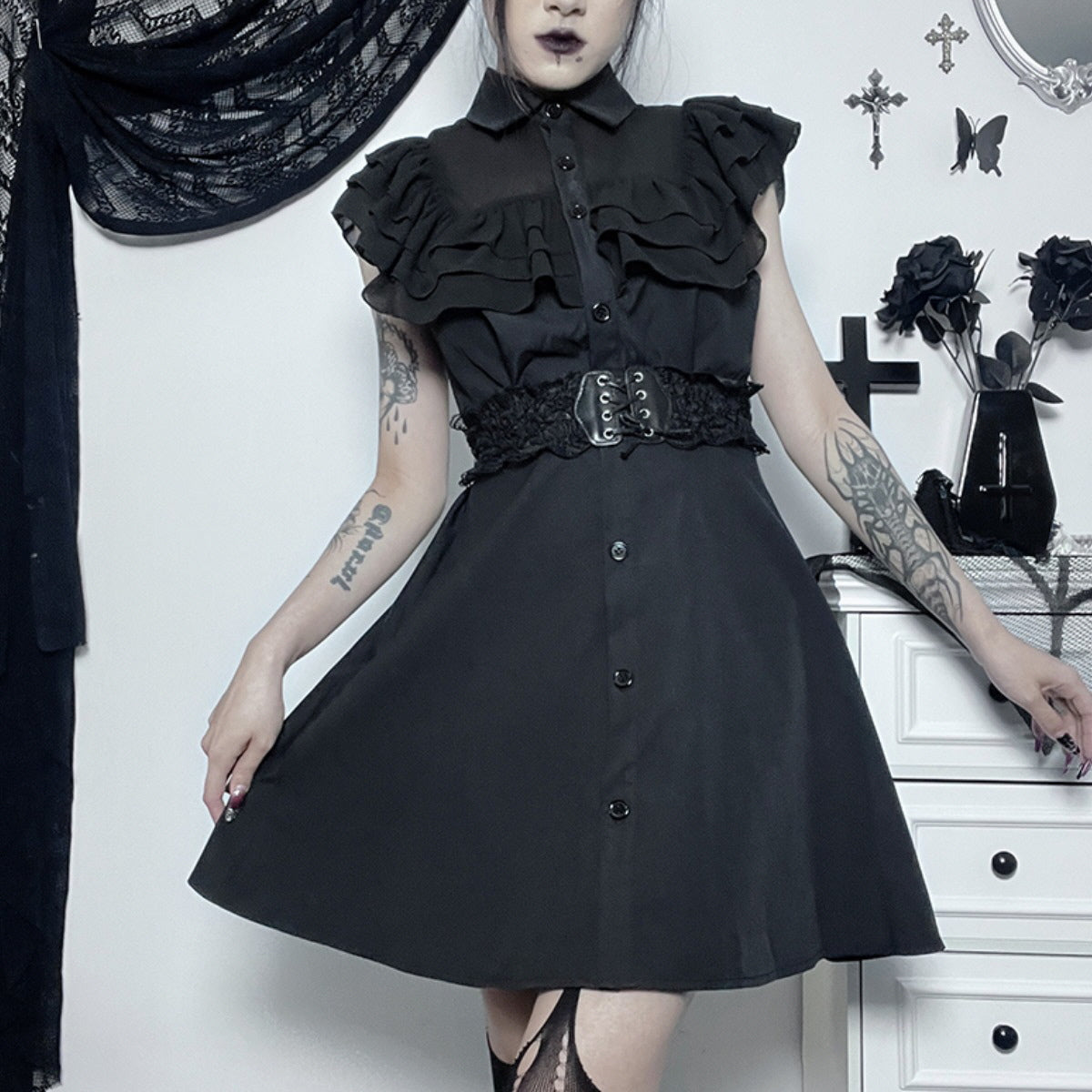 Black Ruffled Collar Dress