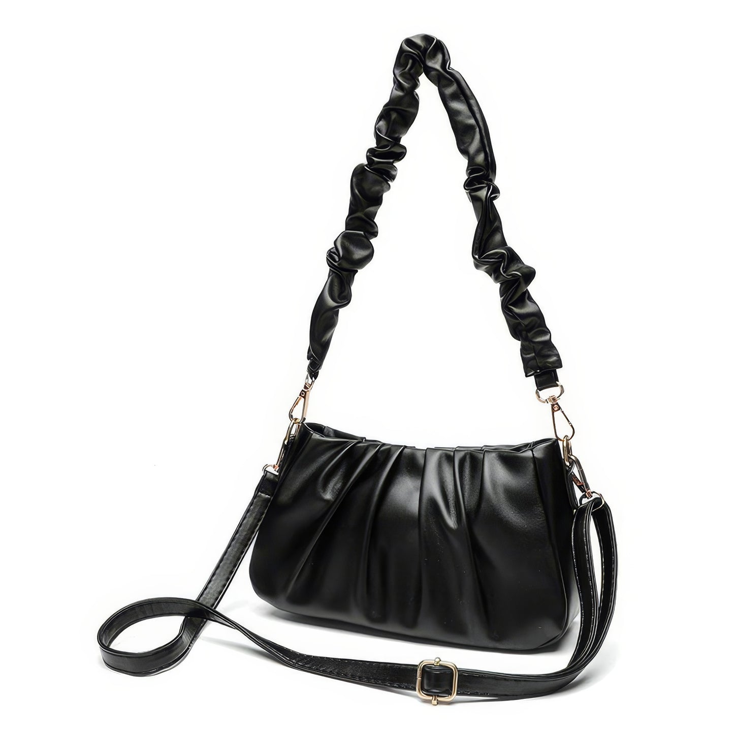 Ruched Satin Strap Faux Leather Bag