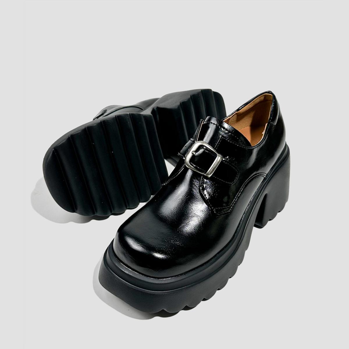 Black Buckle Chunky Heel Loafers