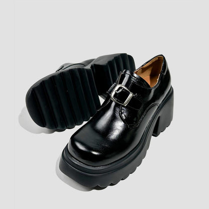 Black Buckle Chunky Heel Loafers