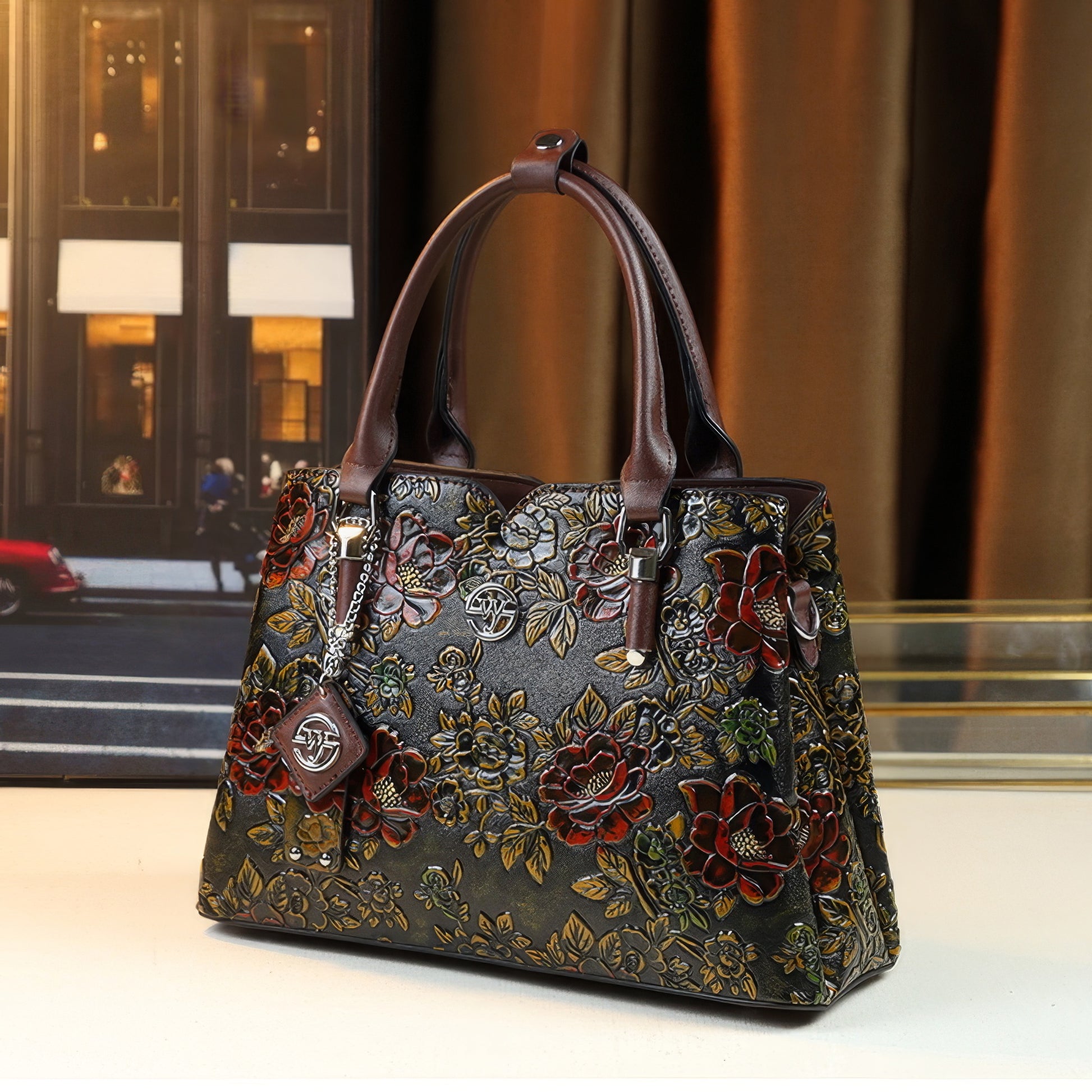 Structured Embossed Floral Shoulder Tote
