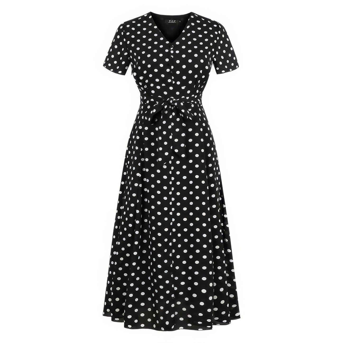 Polka Dot V-Neck Tie Waist Midi Dress