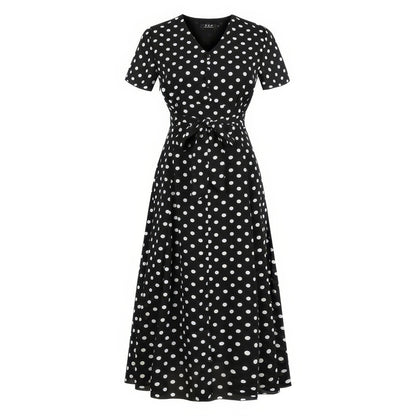 Polka Dot V-Neck Tie Waist Midi Dress