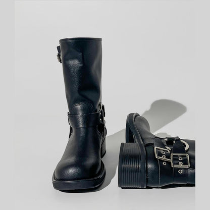Black Buckle Harness Mid-Calf Boots
