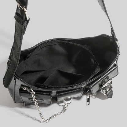 Multi Pocket Chain Accent Black Shoulder Bag