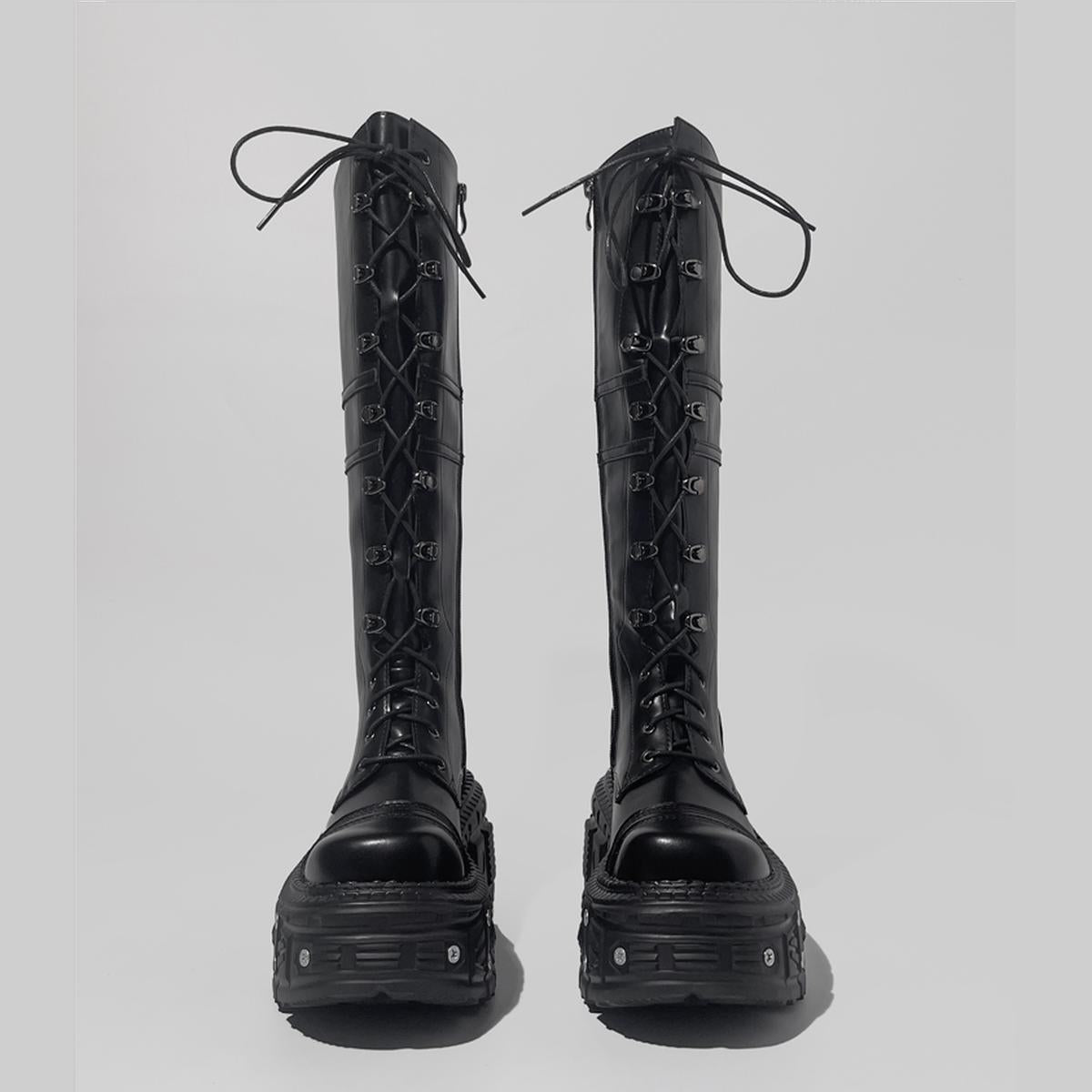 Black Lace-Up Platform Knee-High Boots