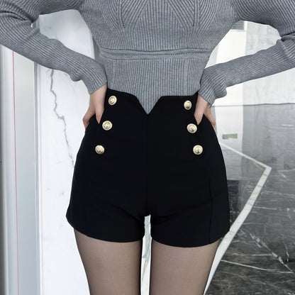 Gold Button V-Waist Black Shorts