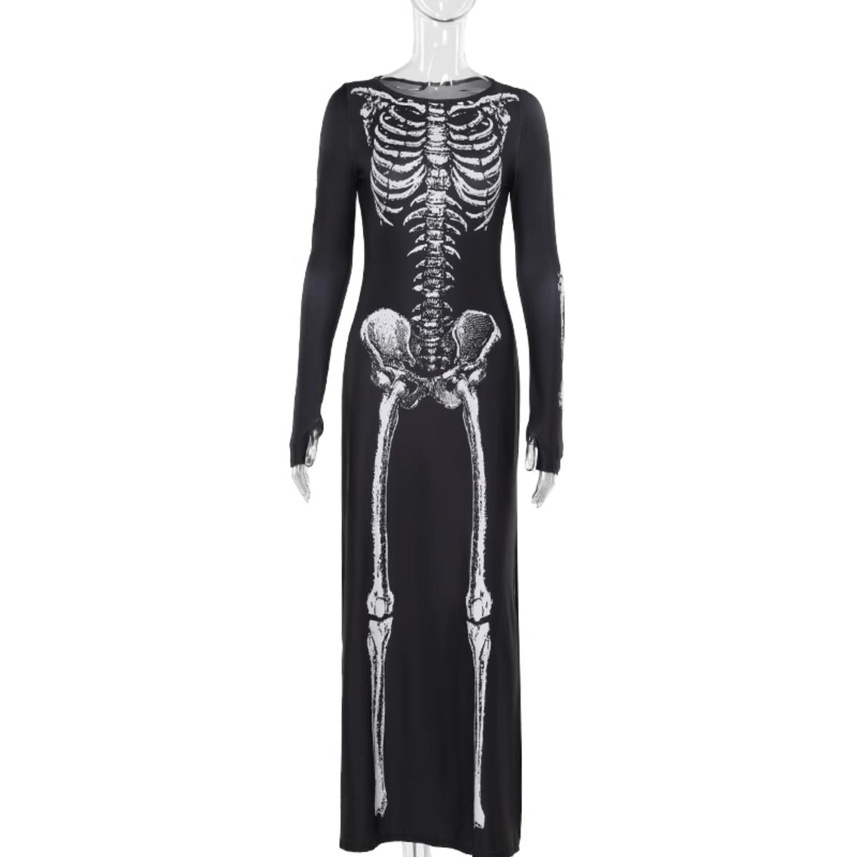 Skeleton Print Long Sleeve Maxi Dress