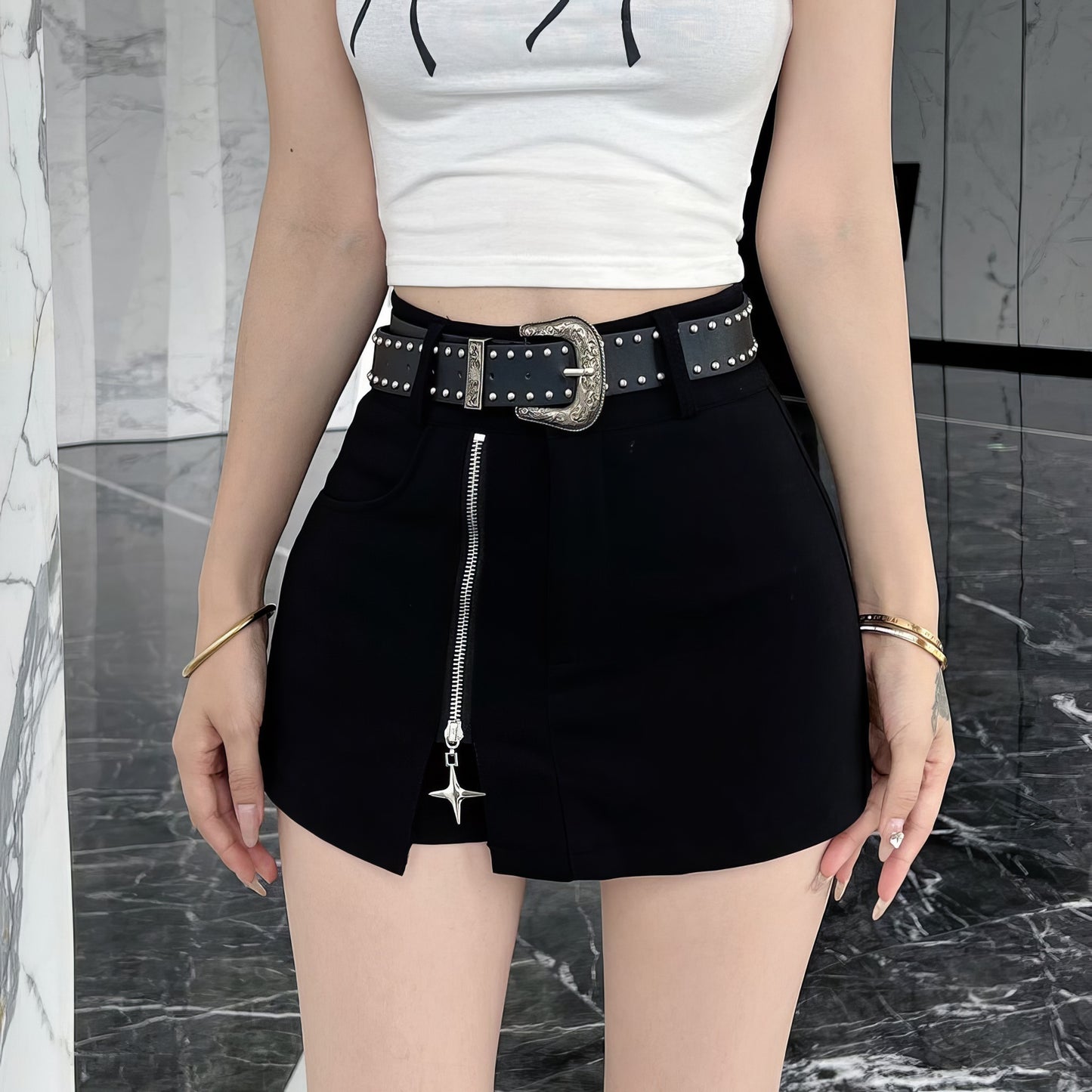 Studded Zip Detail Belted Skort