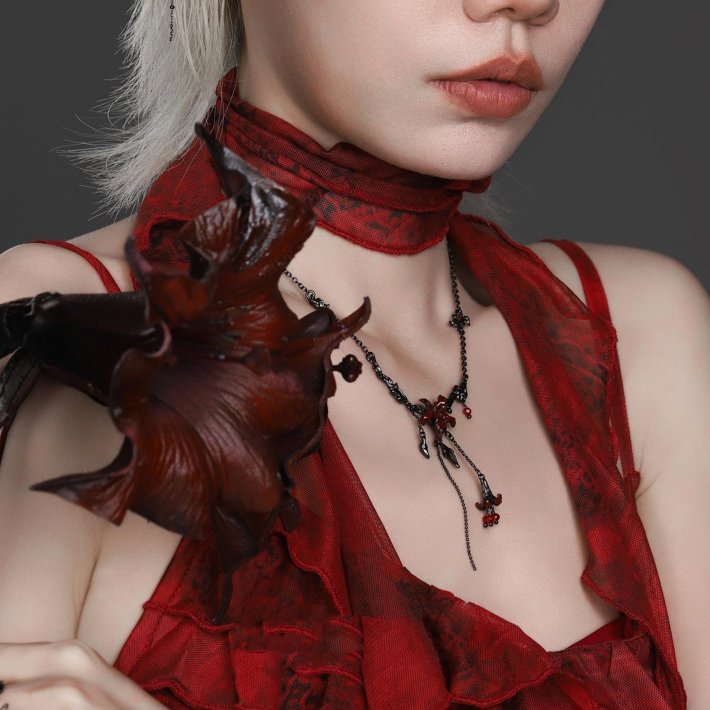 Red Lily Drop Chain Necklace