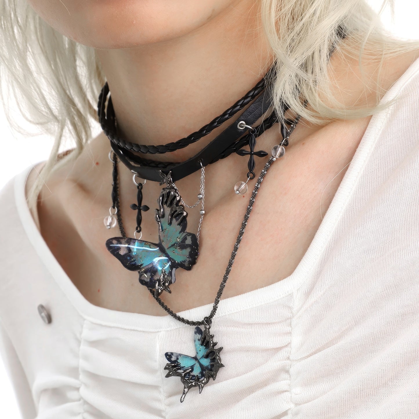 Layered Butterfly Pendant Leather Choker