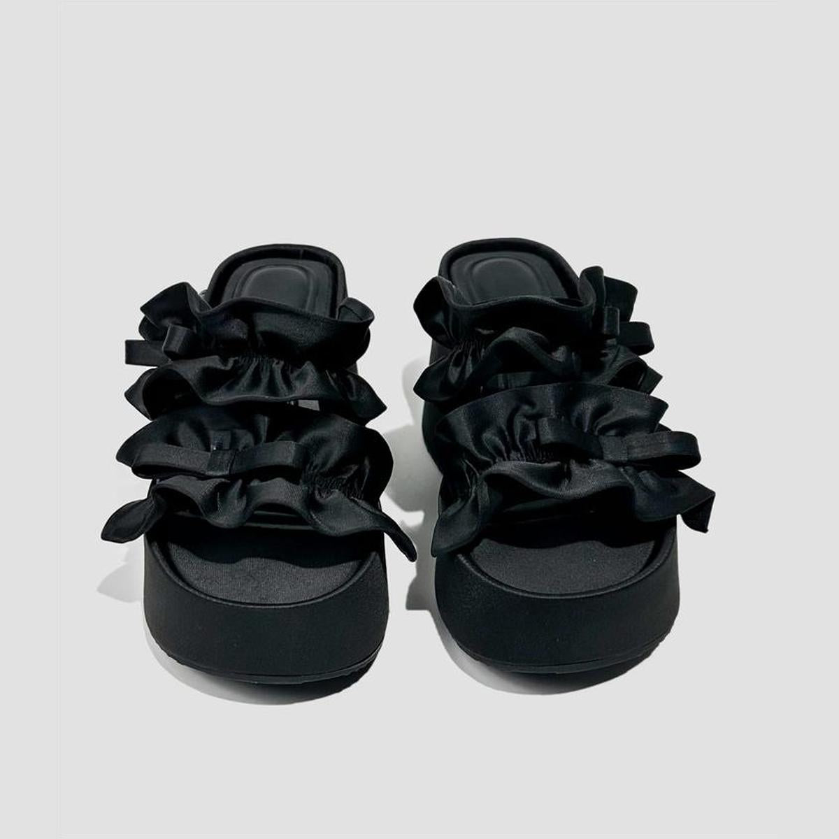 Satin Ruffle Bow Platform Slides