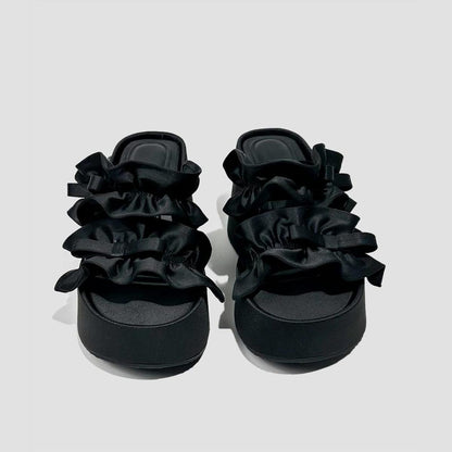 Satin Ruffle Bow Platform Slides