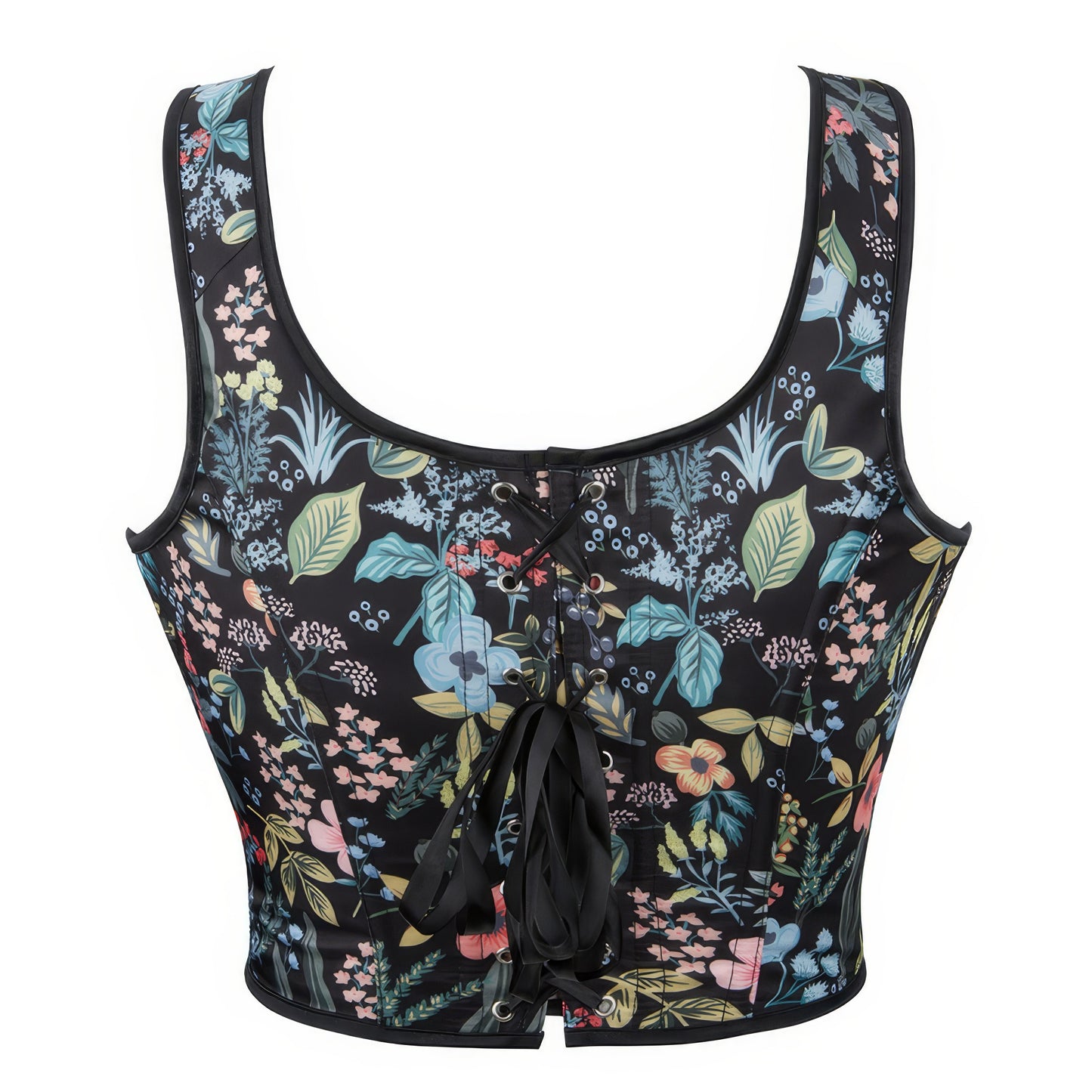 Floral Lace-Up Shoulder Tie Corset Top