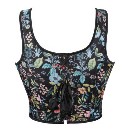 Floral Lace-Up Shoulder Tie Corset Top