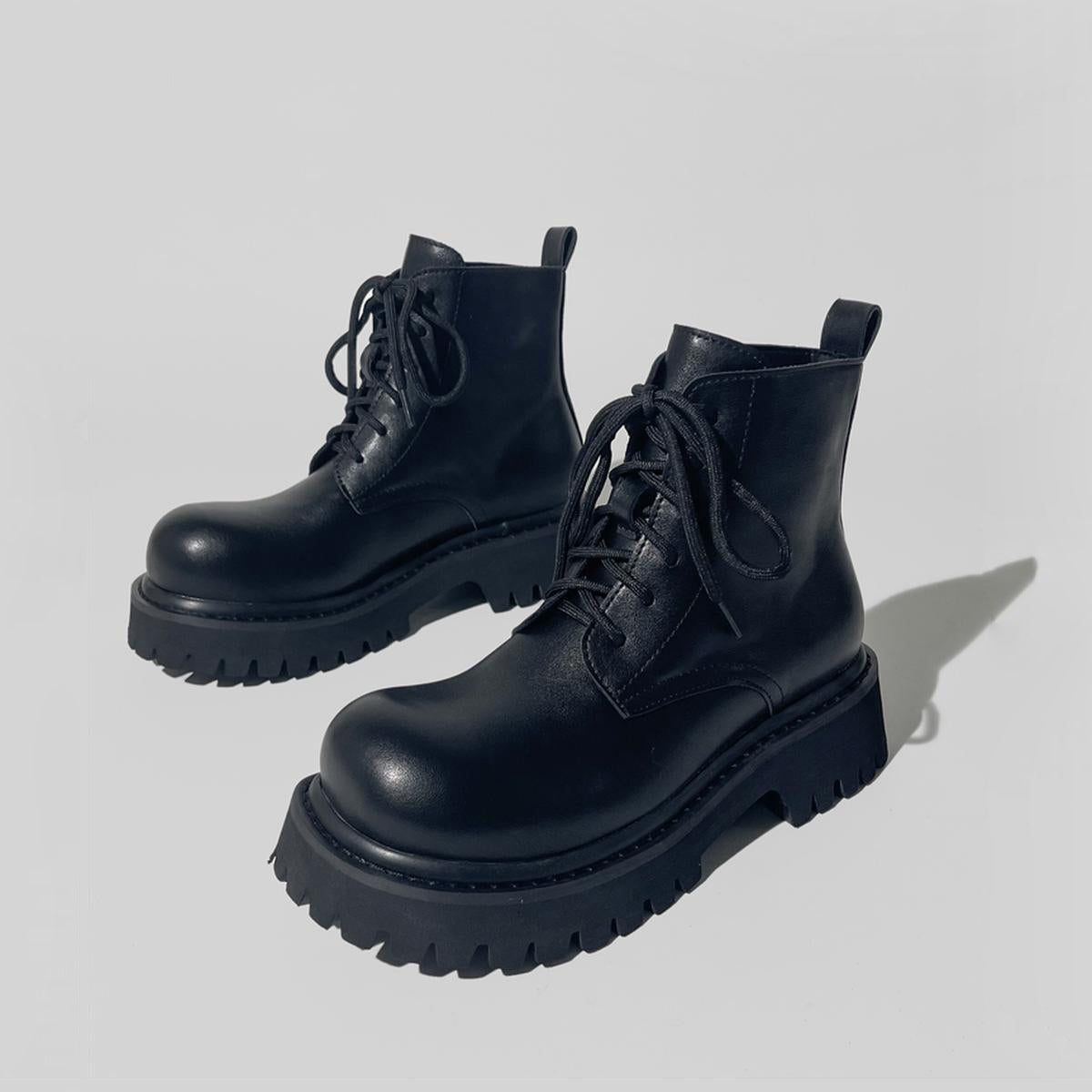 Black Chunky Sole Lace-Up Boots