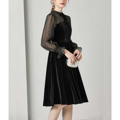 Velvet Mesh Dot Sleeve Black Midi Dress