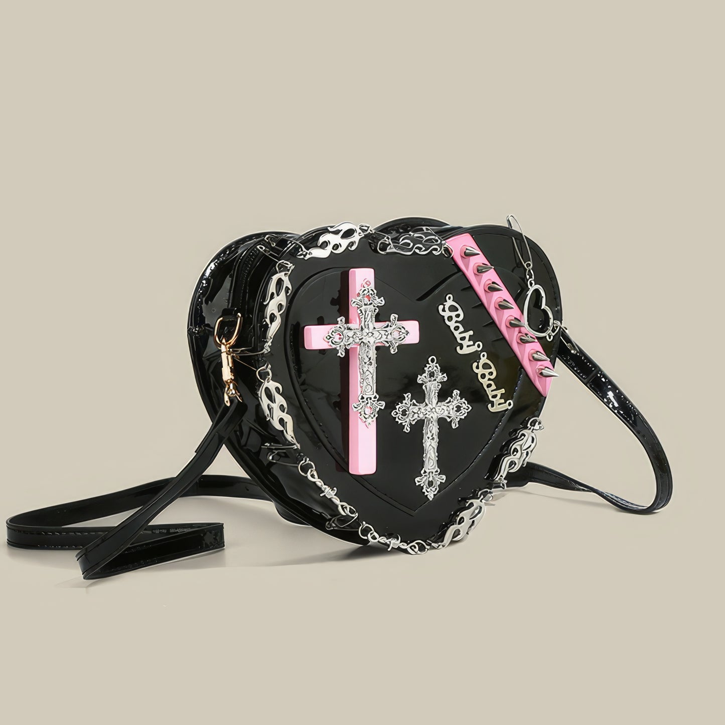 Studded Cross Patch Heart Patent Shoulder Bag