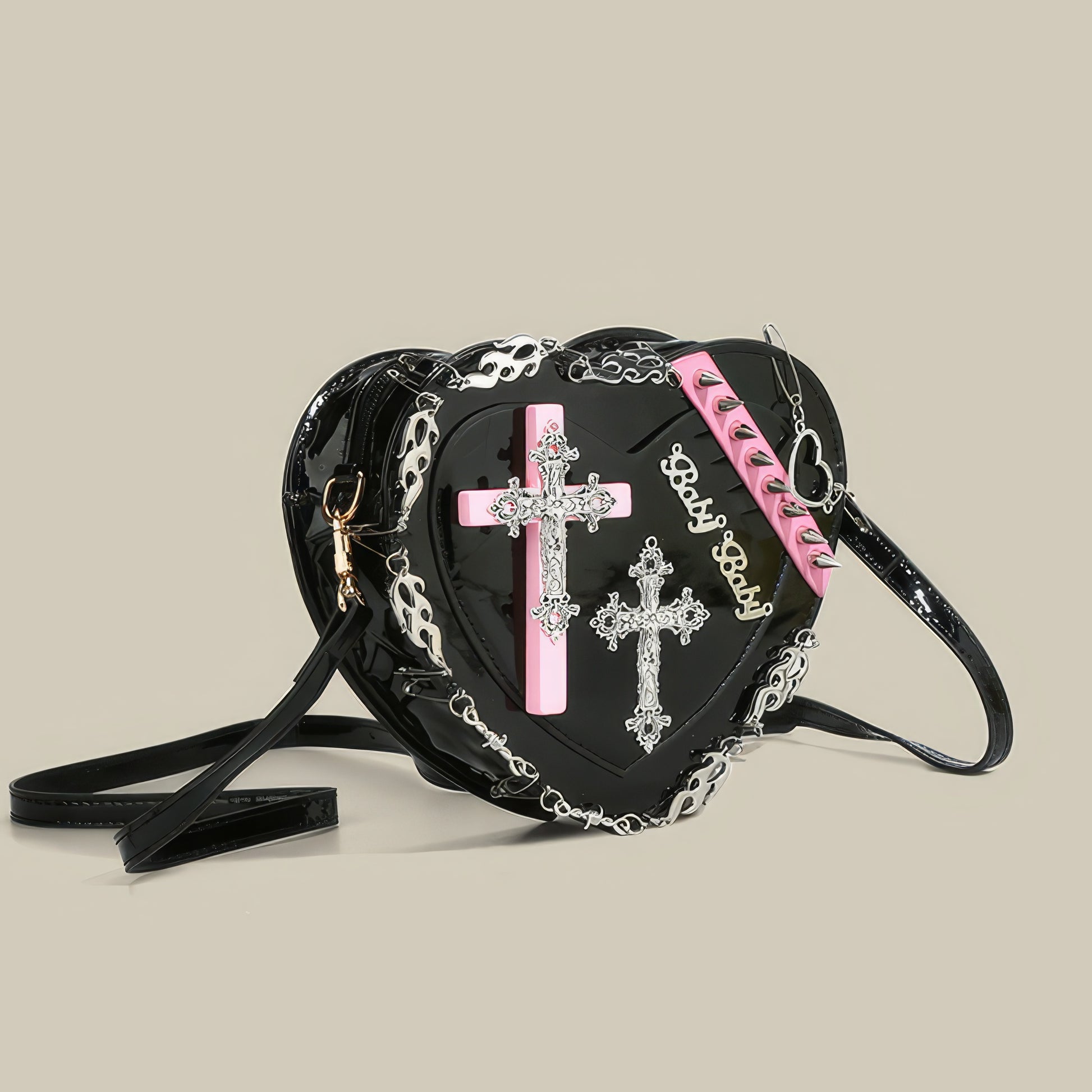 Studded Cross Patch Heart Patent Shoulder Bag
