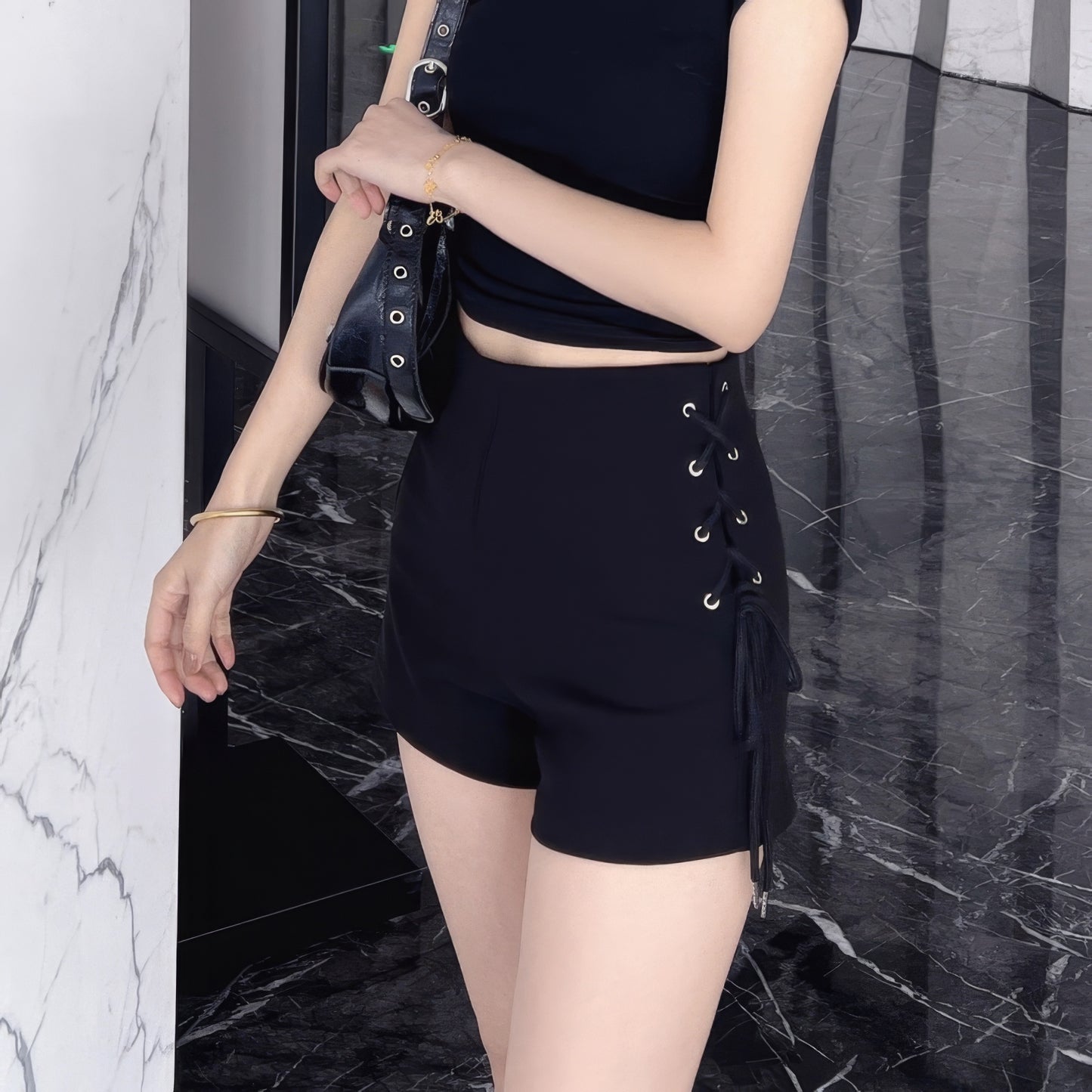 Side Lace-Up Detail Black Shorts