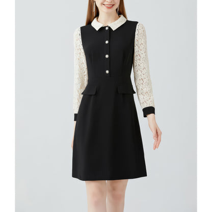 Lace Sleeve Buttoned Black Dress