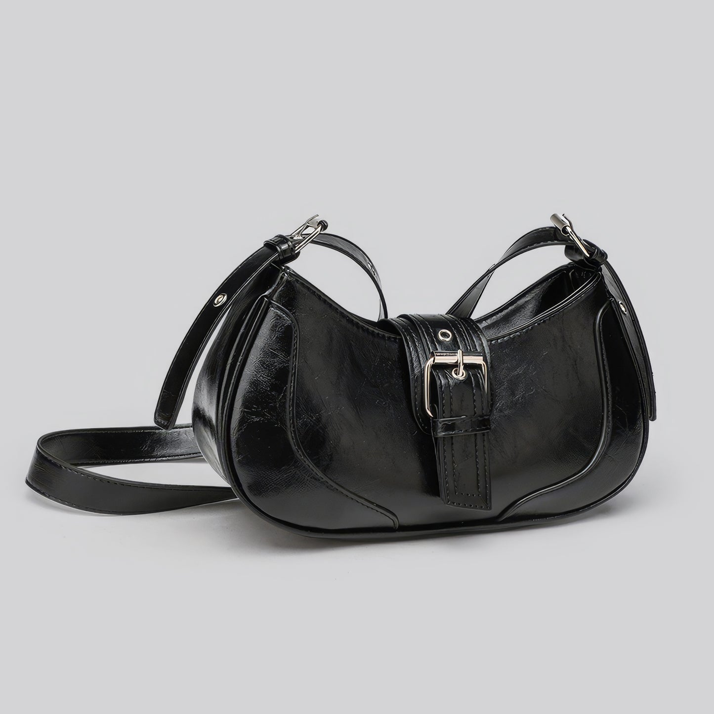 Glossy Buckle Detail Crescent Bag