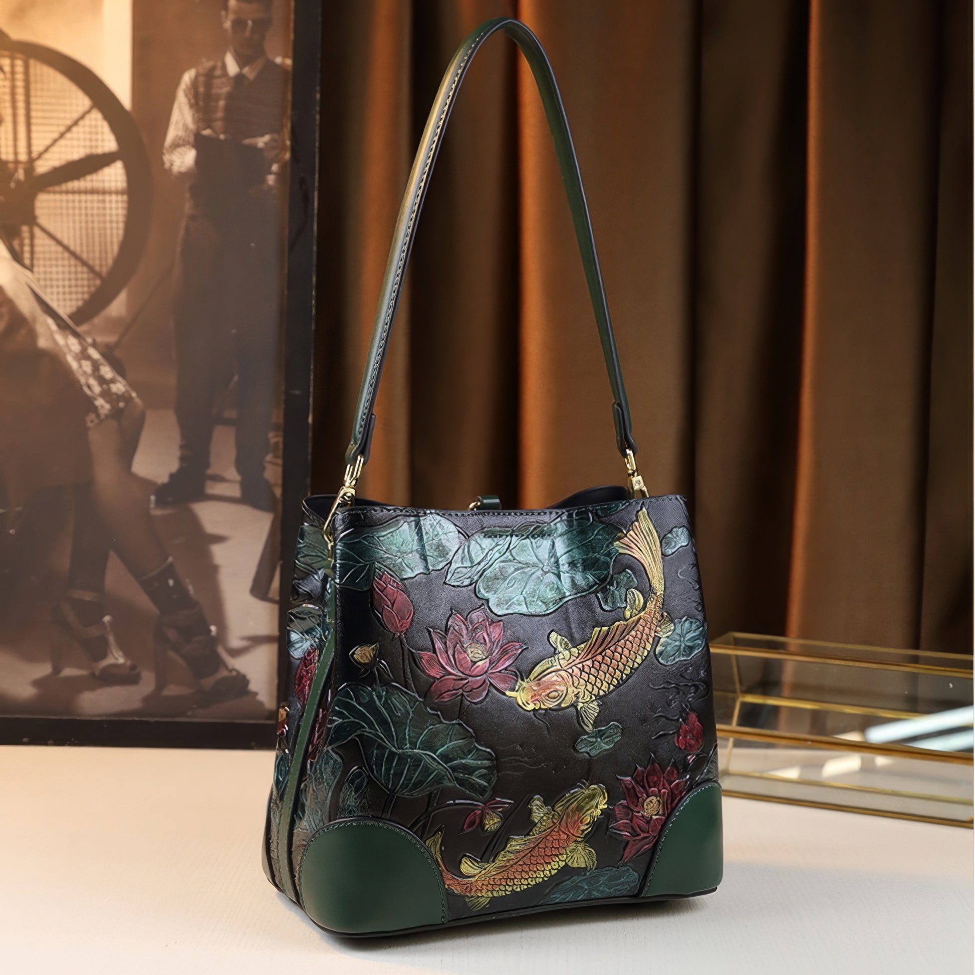 Embroidered Koi Lotus Leather Shoulder Bag