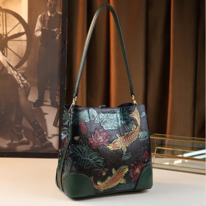 Embroidered Koi Lotus Leather Shoulder Bag