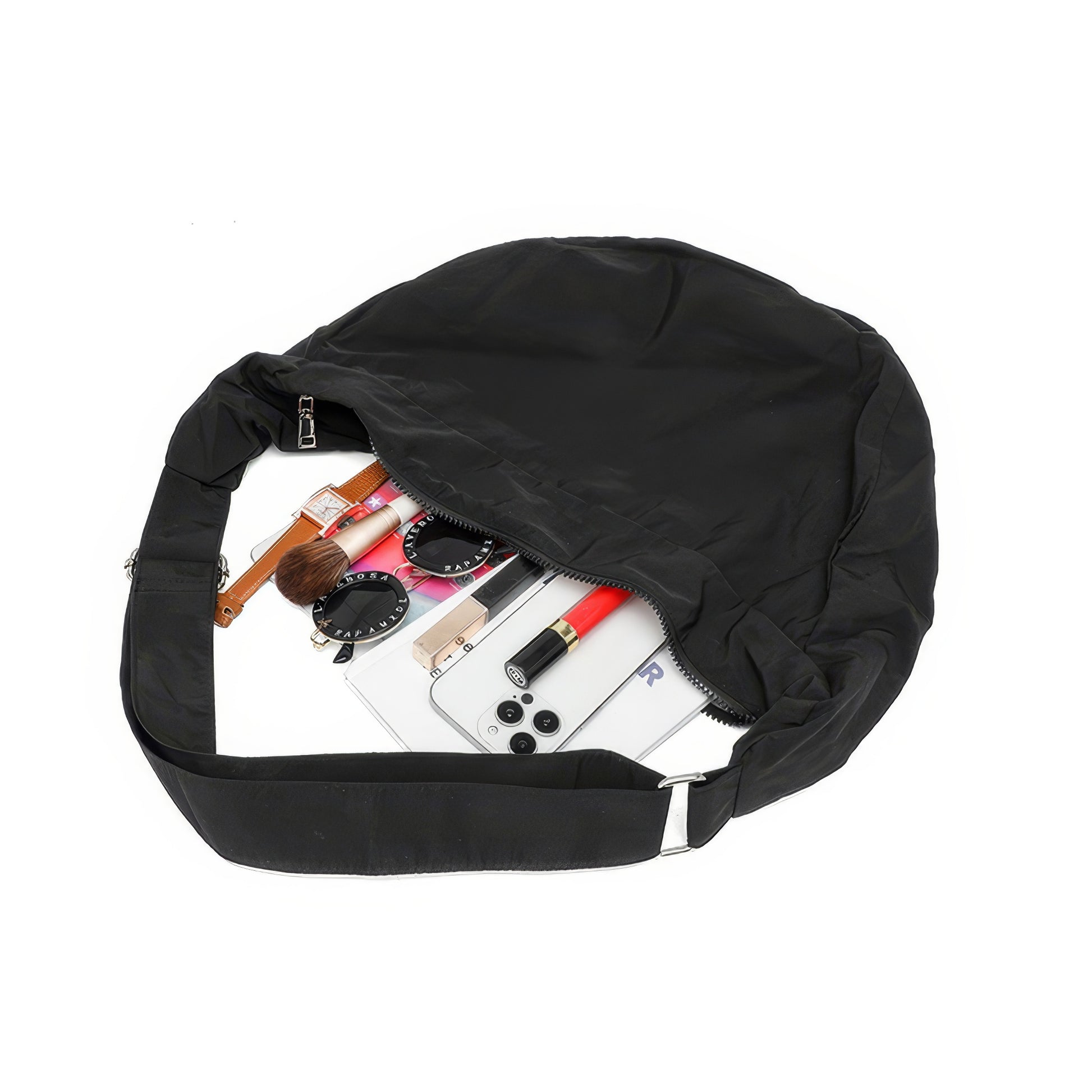 Soft Nylon Crescent Zip Shoulder Bag