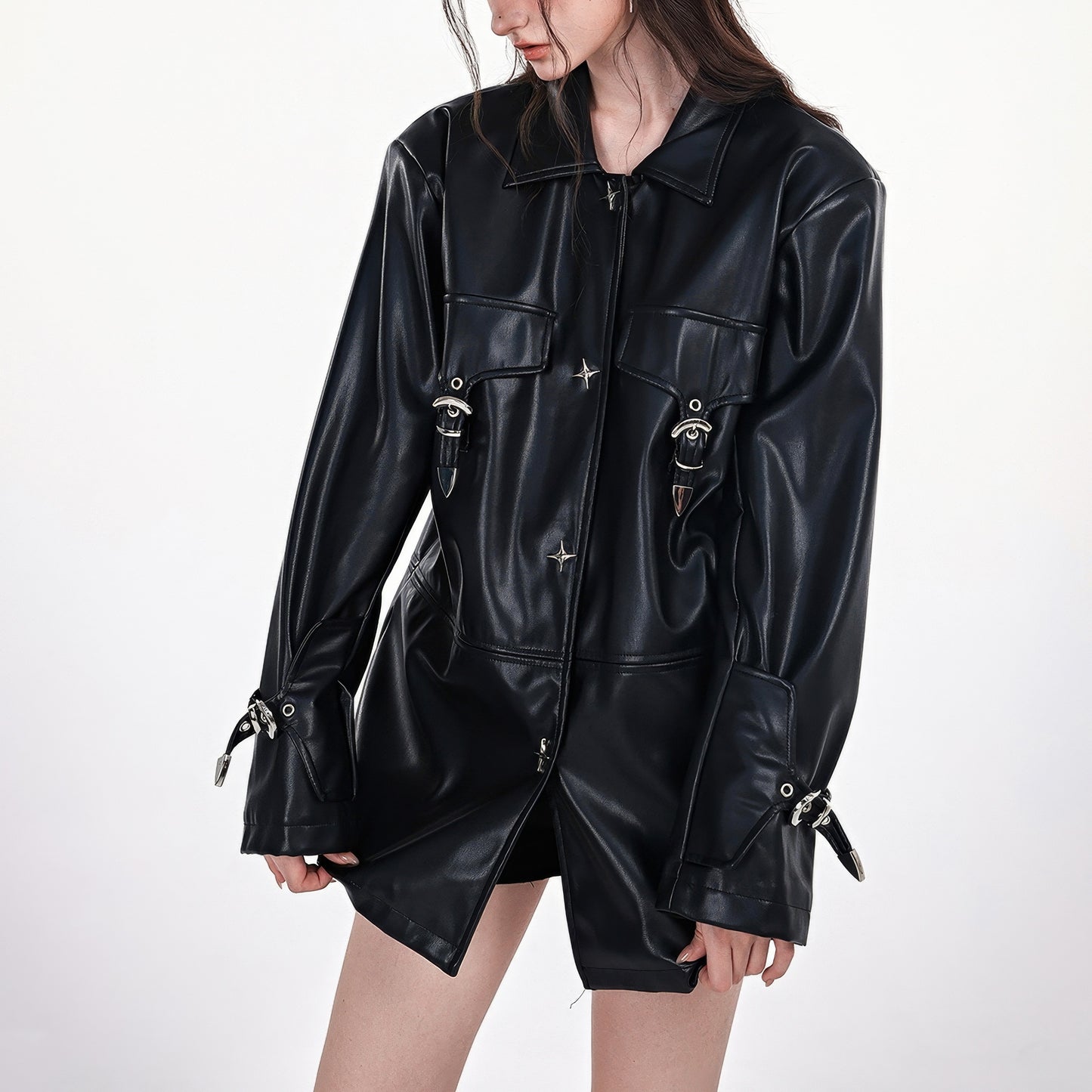 Star Rivet Faux Leather Oversized Jacket