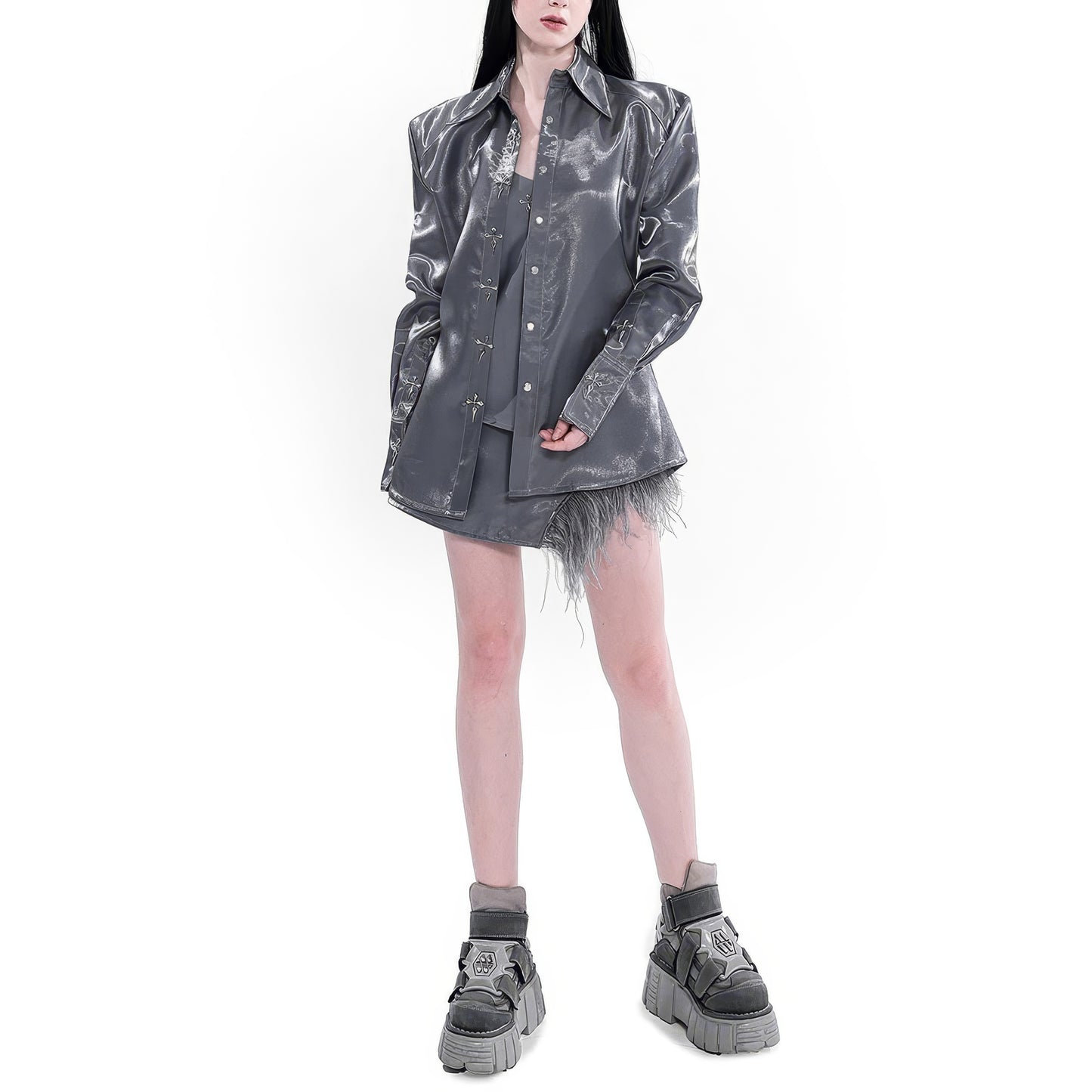 Metal Cross Embellished Satin Shirt