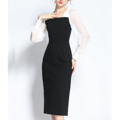 Contrast Chiffon Sleeve Square Neck Dress