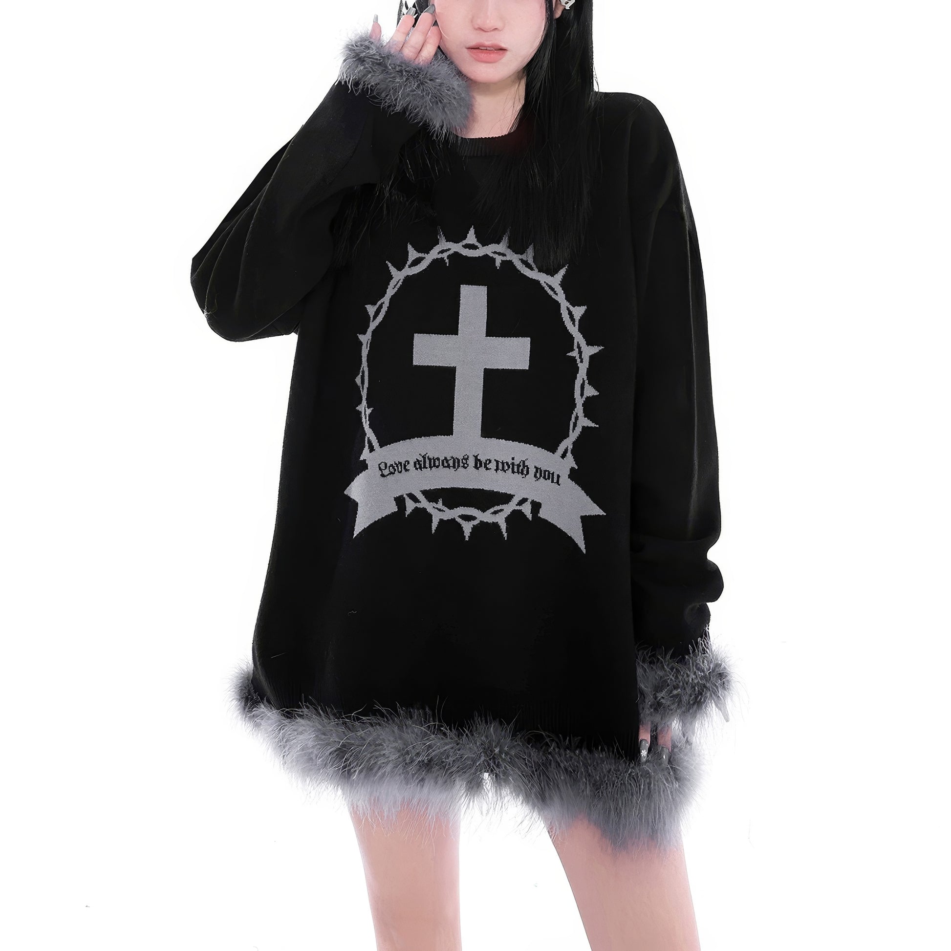 Feather Trim Cross Graphic Knit Dress