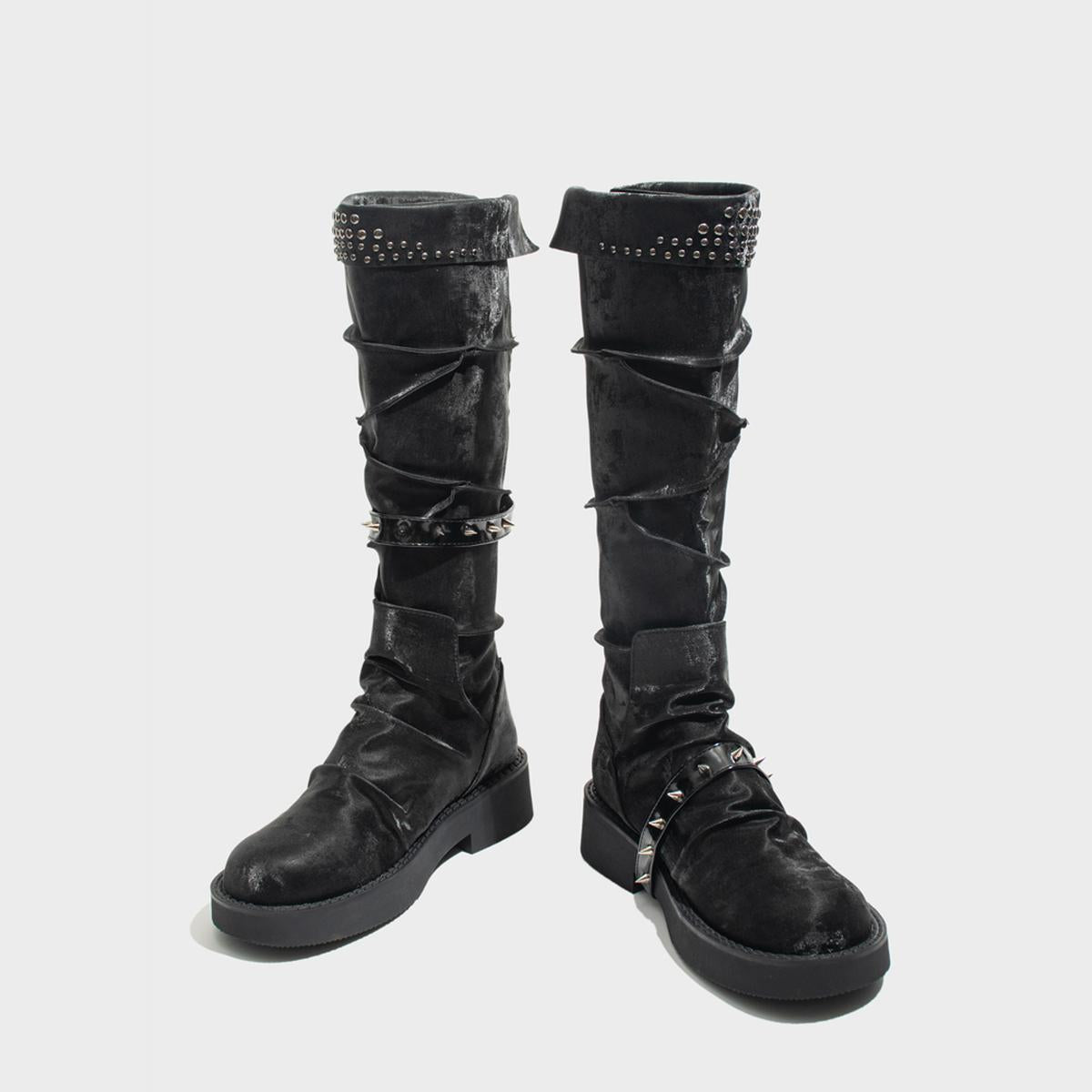 Black Velvet Studded Knee-High Boots