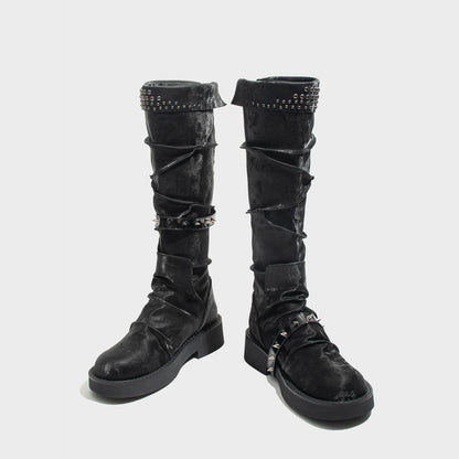 Black Velvet Studded Knee-High Boots
