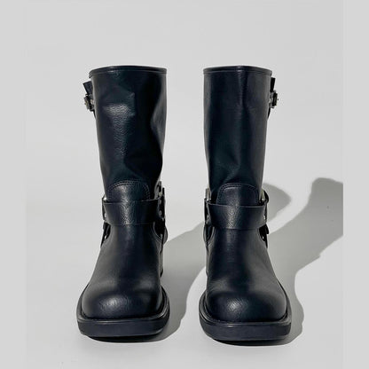 Black Buckle Harness Mid-Calf Boots