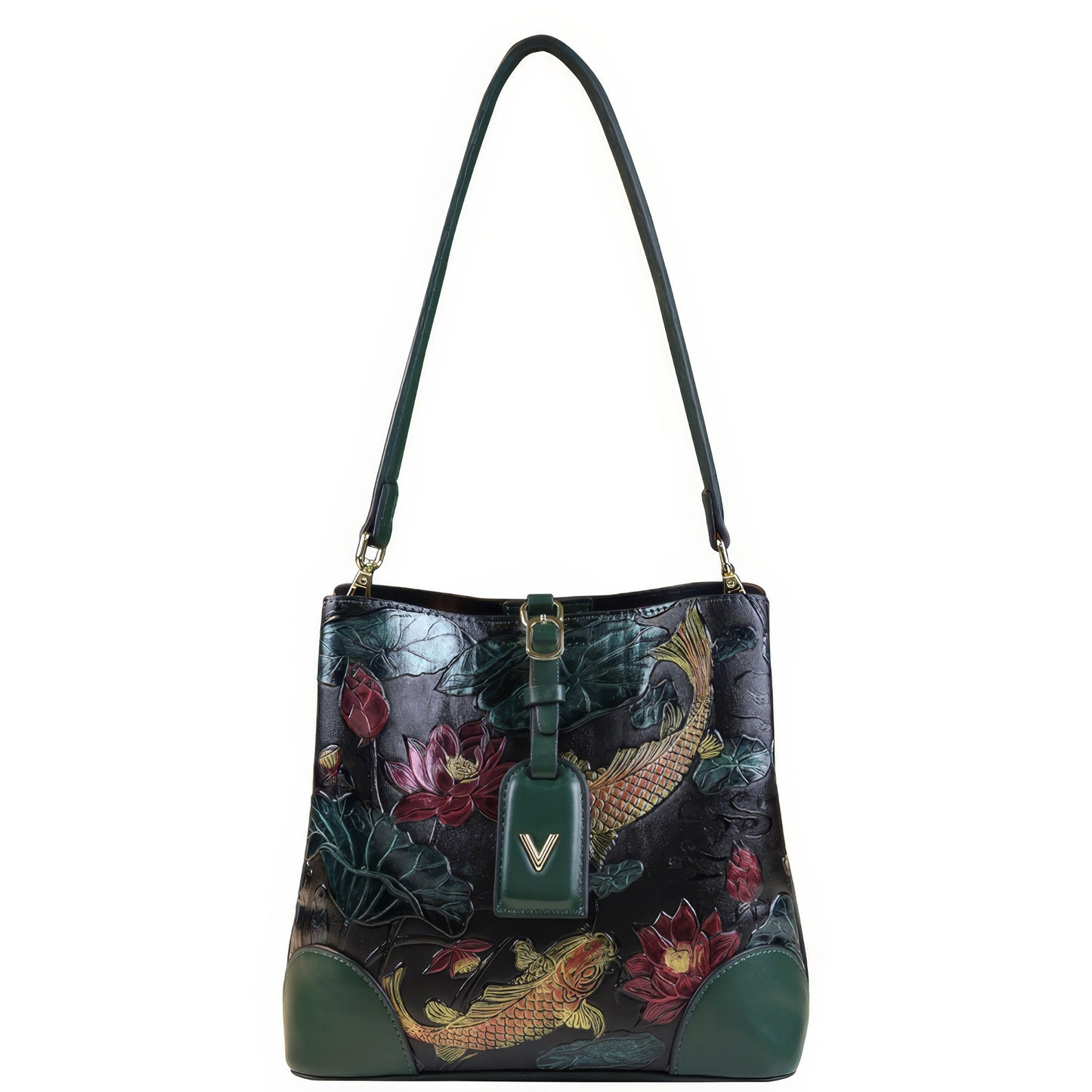 Embroidered Koi Lotus Leather Shoulder Bag