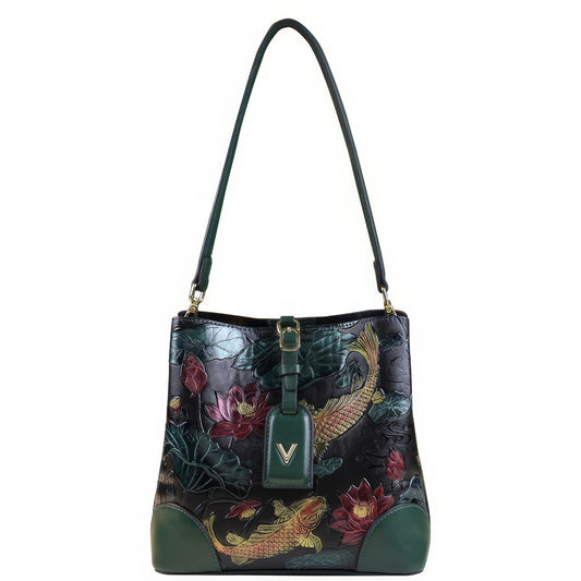 Embroidered Koi Lotus Leather Shoulder Bag