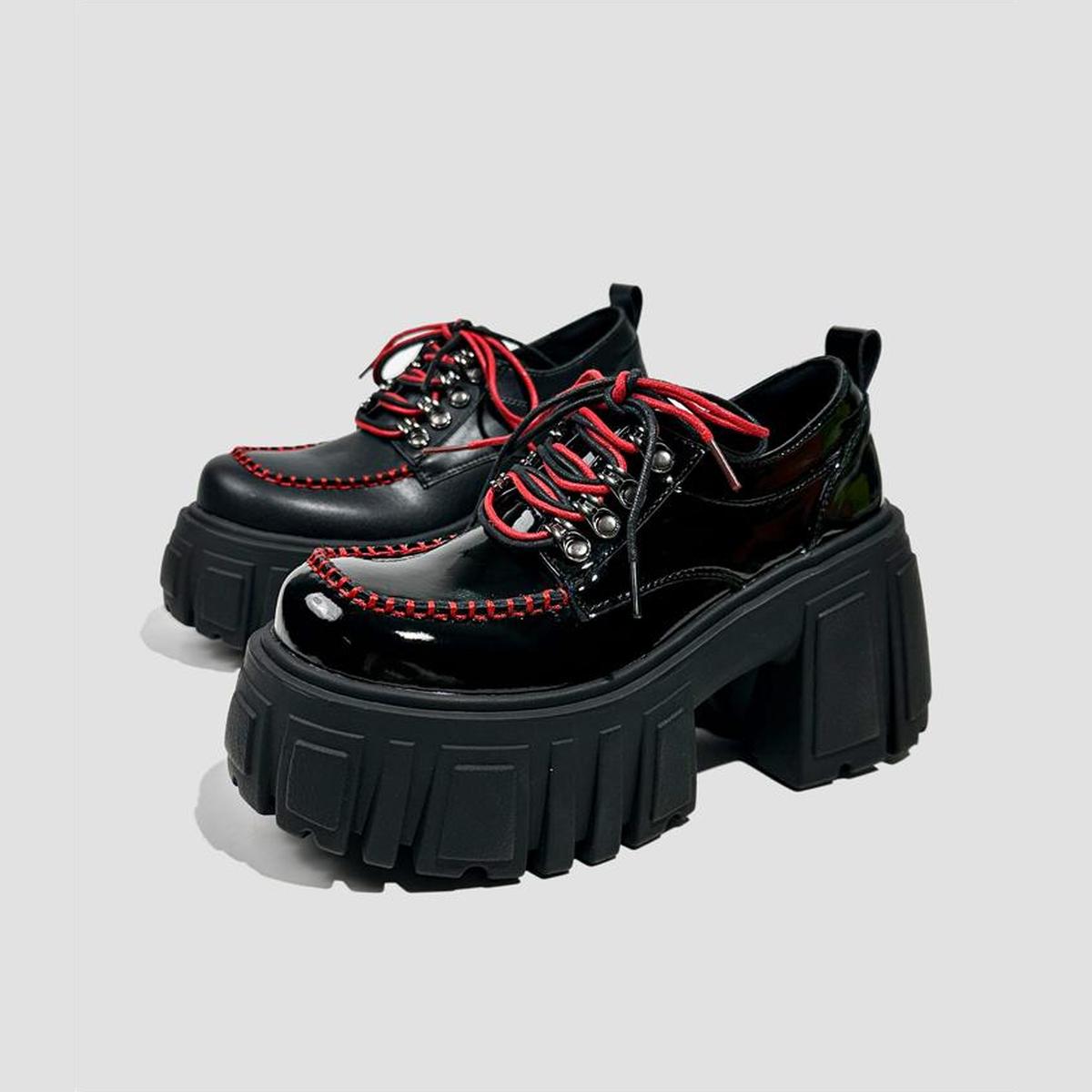 Black Patent Contrast Stitch Platform Shoes