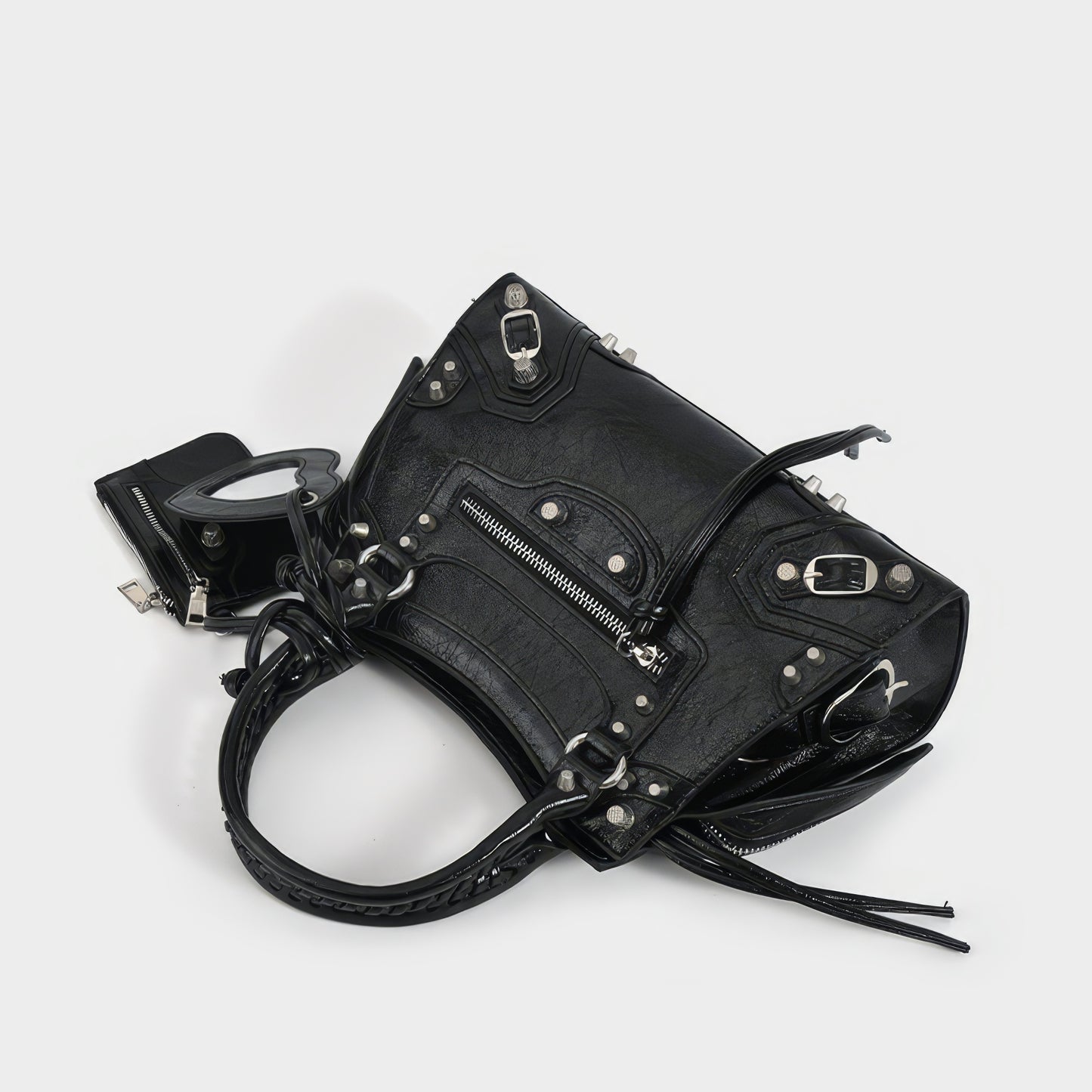 Studded Textured Leather Buckle Handbag