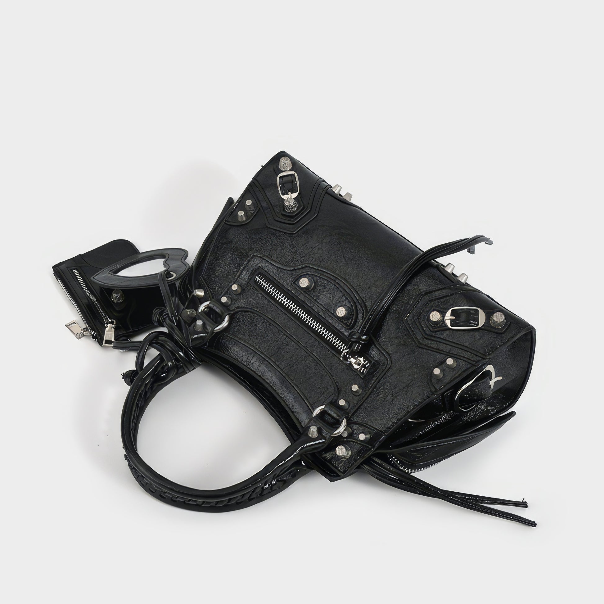 Studded Textured Leather Buckle Handbag