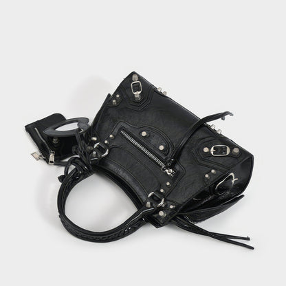 Studded Textured Leather Buckle Handbag