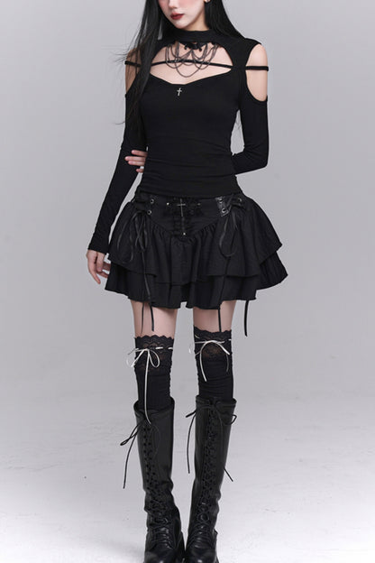 Black Lace-Up Ruffle Skirt