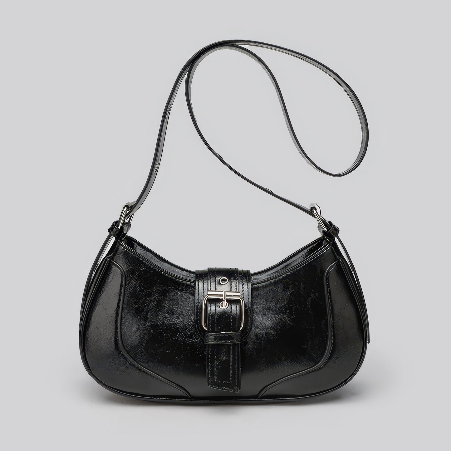 Glossy Buckle Detail Crescent Bag