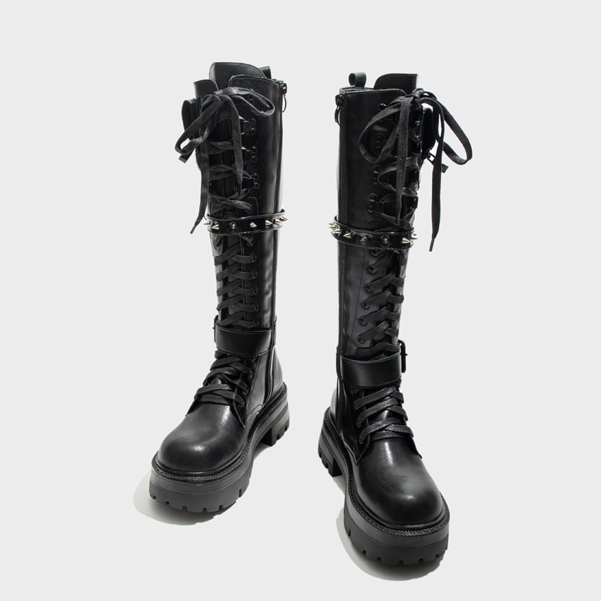 Black Spike Strap Lace-Up Knee-High Boots