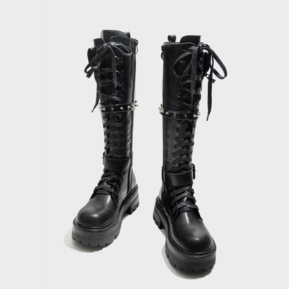 Black Spike Strap Lace-Up Knee-High Boots